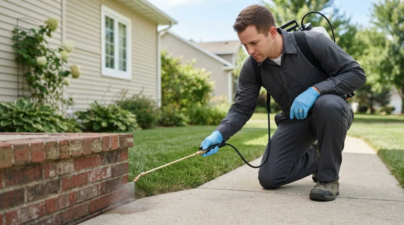 Pest control technician treating a home near Armagh, PA
